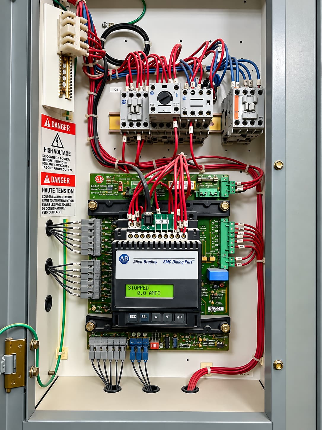 Allen-Bradley SMC Dialog Plus soft starter controller board mounted in an electrical cabinet