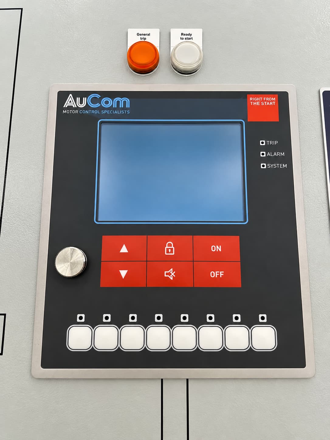 AuCom MVE protection relay panel with status indicators and control buttons